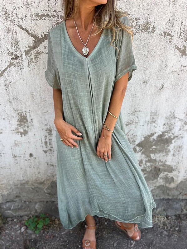 Cotton and Linen V-neck Midi Dress(buy 2 free shipping)