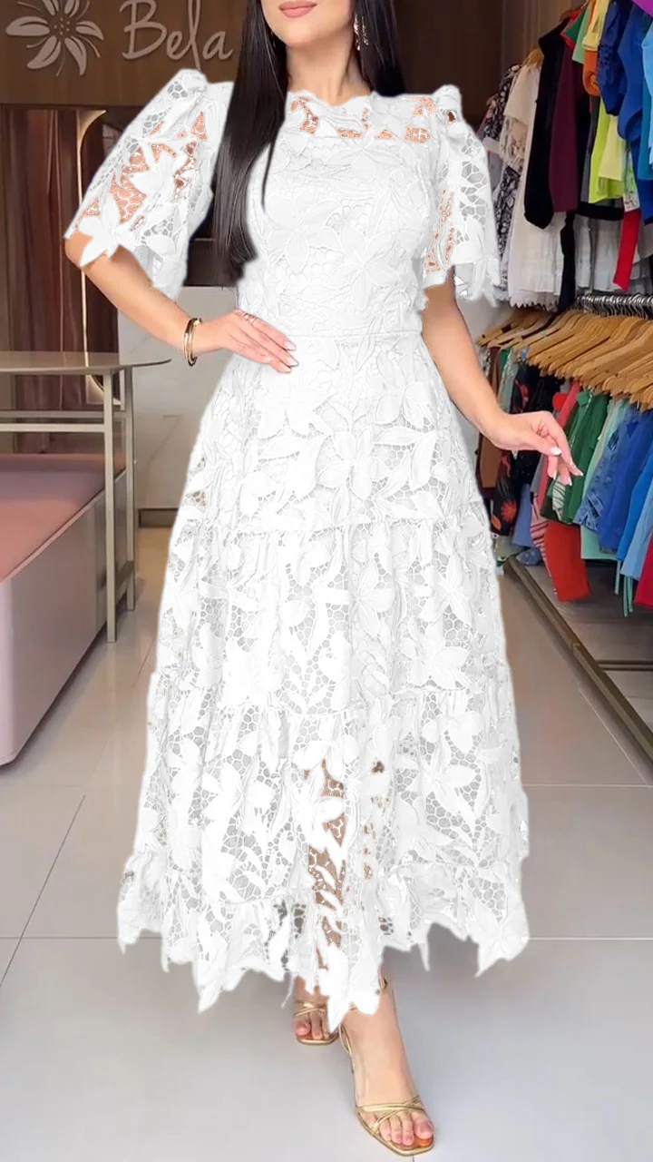 💮💕[Summer new product]Women's short-sleeved lace hollow dress