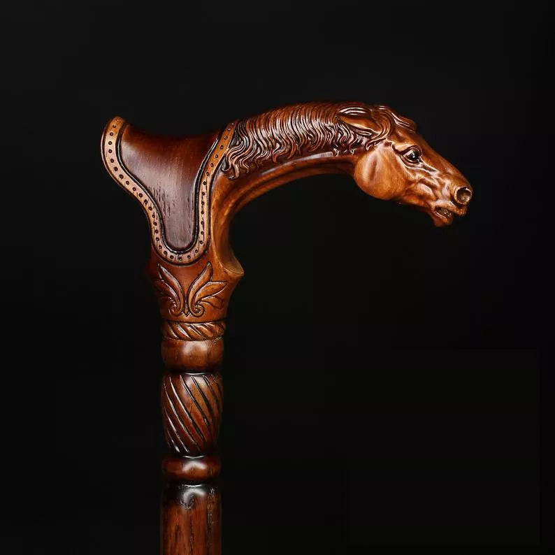Designer Art Wooden Cane badass Walking Stick Horse with Saddle, Fancy decorative canes for ladies and men