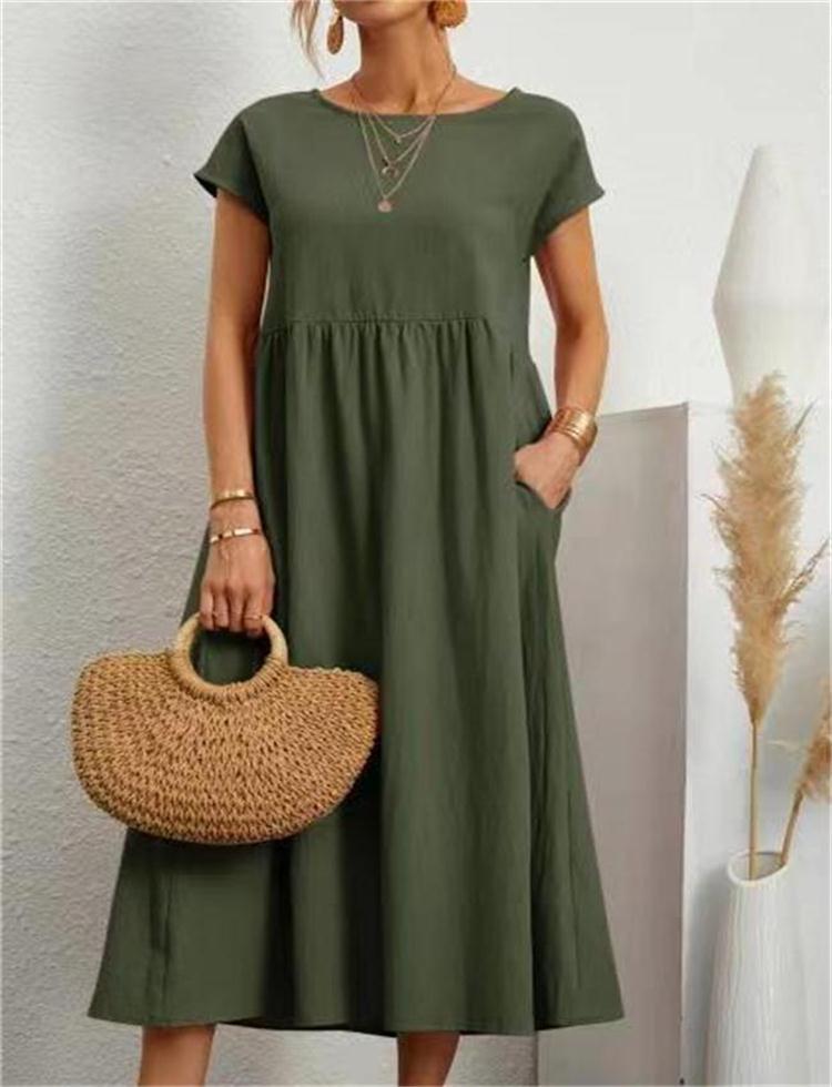 2024 fashion solid color cotton linen pocket dress