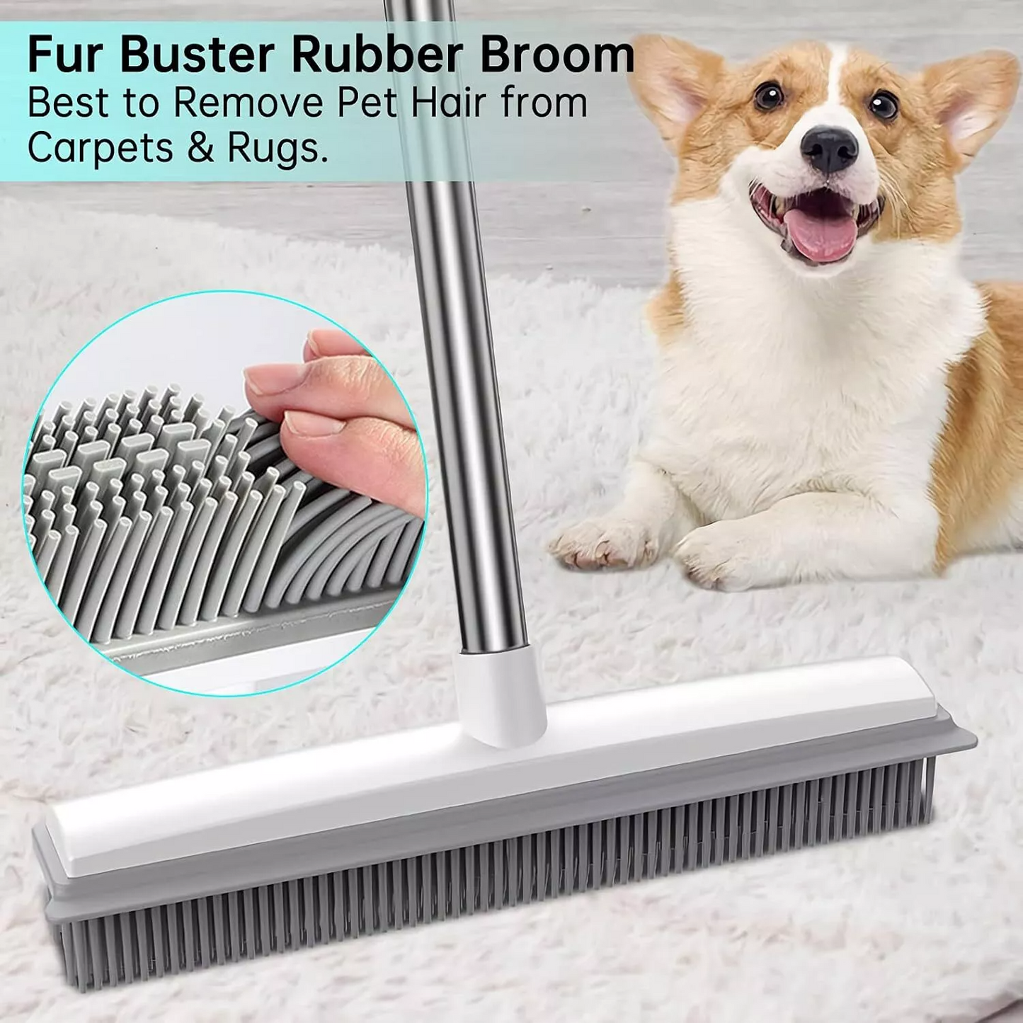 2-in-1 Rubber Broom with Adjustable Pet Hair Remover Brush