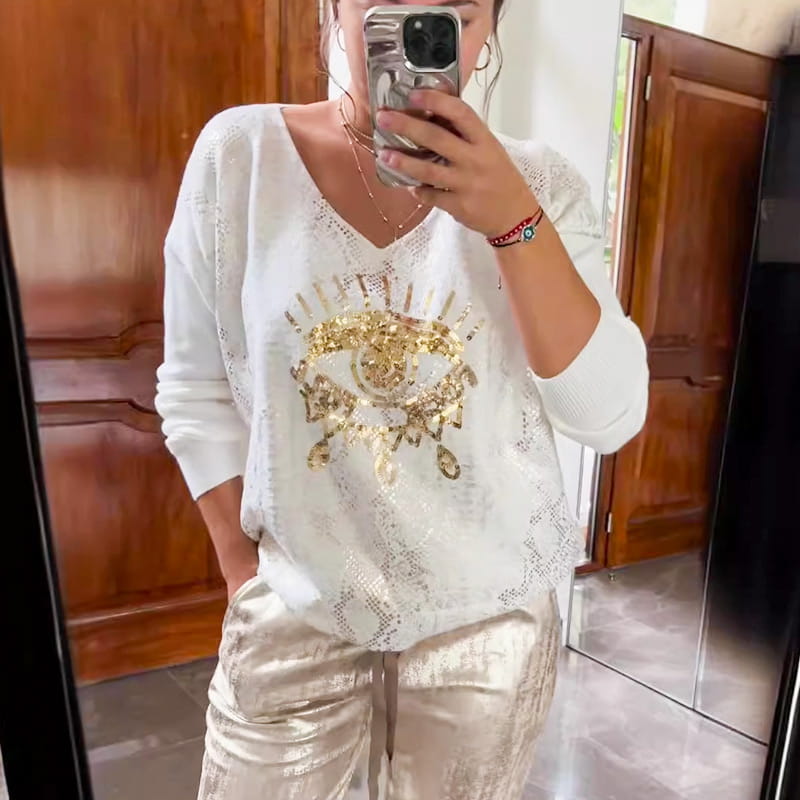 Women's 2-piece set: Devil's Eye gold foil top and sequin pants set