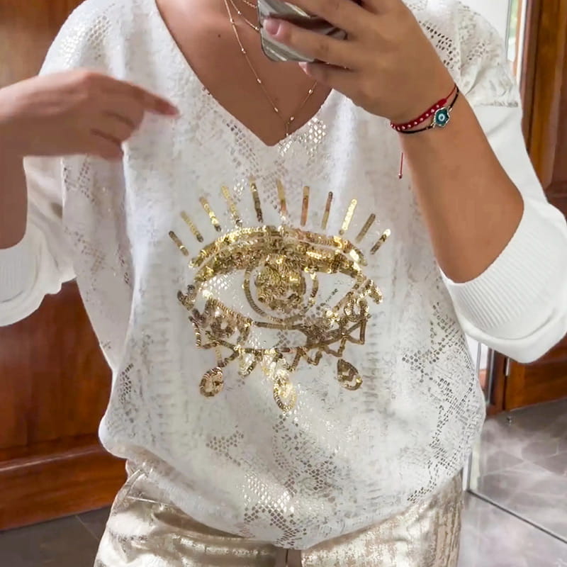 Women's 2-piece set: Devil's Eye gold foil top and sequin pants set