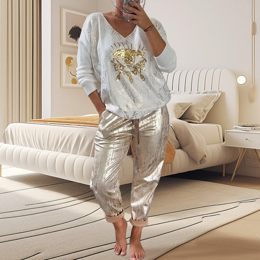 Women's 2-piece set: Devil's Eye gold foil top and sequin pants set