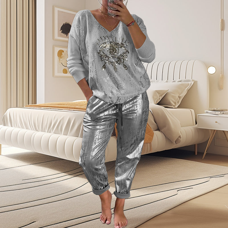 Women's 2-piece set: Devil's Eye gold foil top and sequin pants set