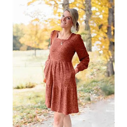 🍂2026 New Style⏰Women's Square Neck Lantern Sleeve Ribbed Dress