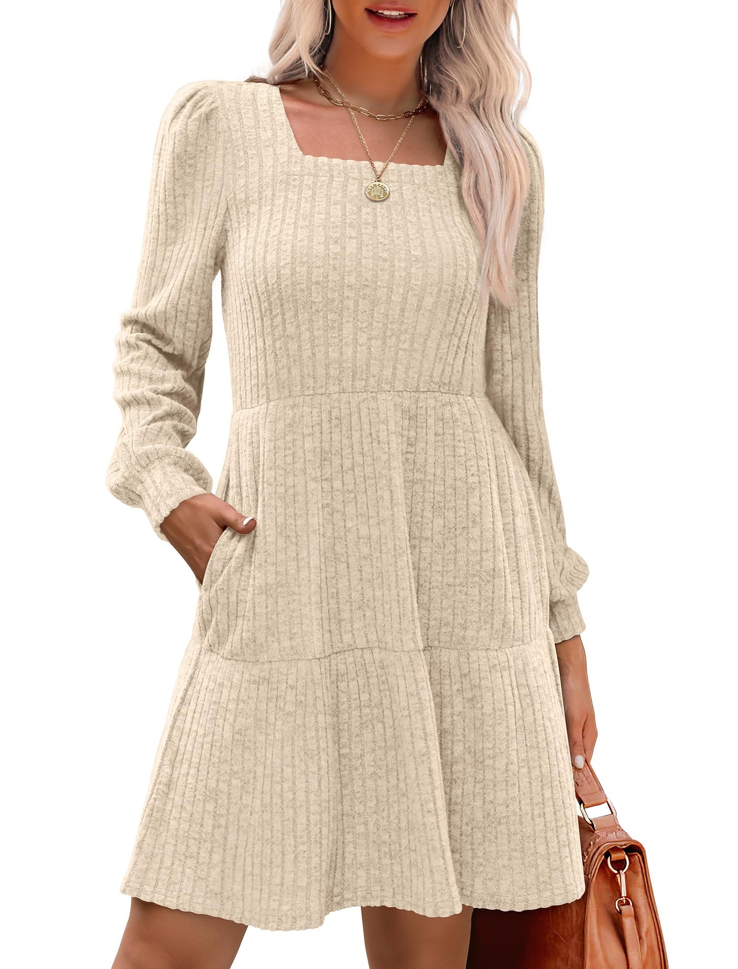 🍂2026 New Style⏰Women's Square Neck Lantern Sleeve Ribbed Dress