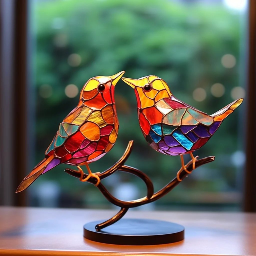 Stained Glass Birds on Branch Desktop Ornaments