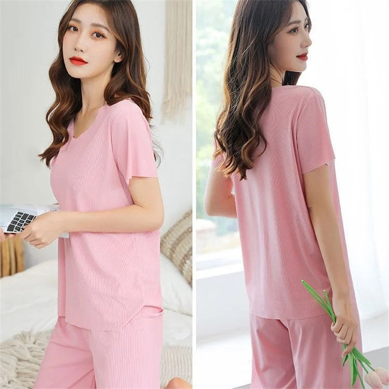 Soft Comfortable Ice Silk Short Sleeve T-Shirt Two Piece Set Loose Wide-leg Pants