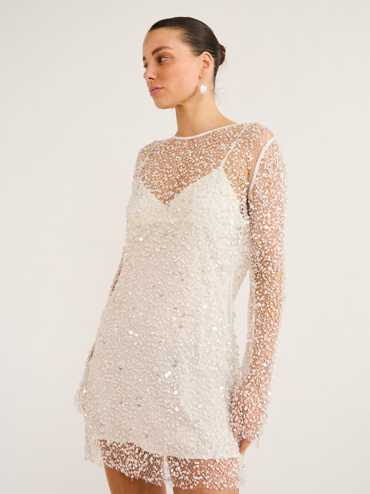 Crystal-embellished gauze mini dress