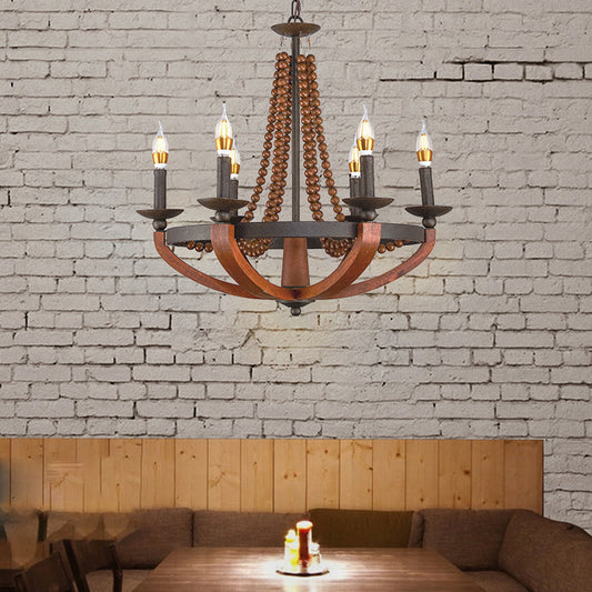 Rustic Candle Hanging Pendant 6 Lights Wooden Ceiling Chandelier in Red for Dining Room