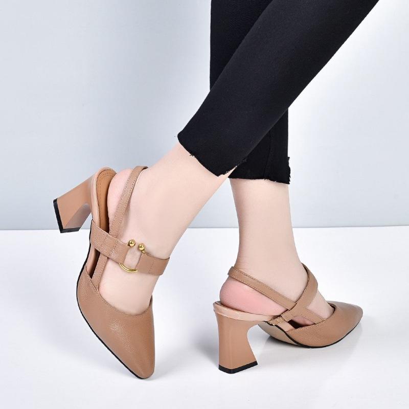Genuine Leather Pointed Toe Horseshoe Thick Heel Sandals