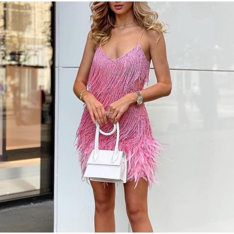 🔥BUY 1 FREE SHIPPING🔥 - Women's Feather Fringe Sequin Spaghetti Strap Dress